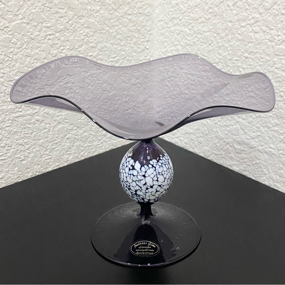 Vintage ANDREAS GLAS Lauscha Amethyst Purple Ruffled Pedestal Compote Candy Dish